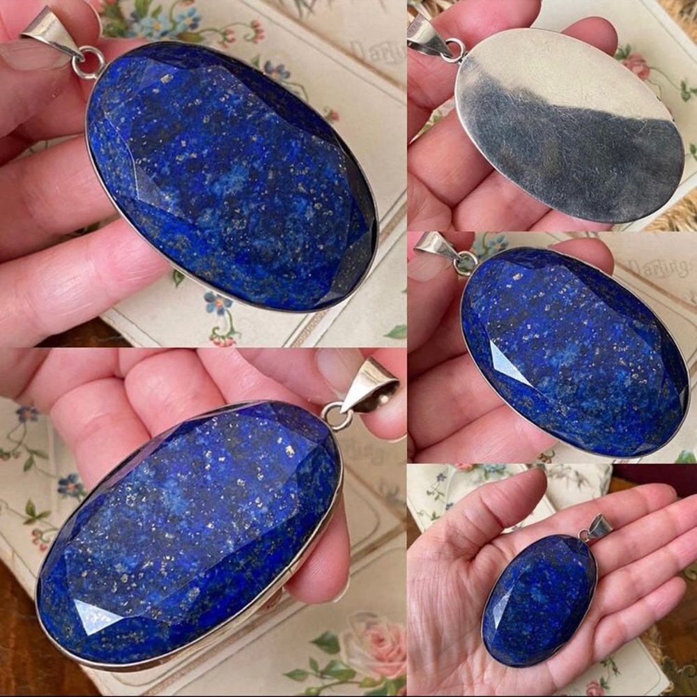 Vintage Huge Faceted Lapis Lazuli Pendant in Sterling Silver Bezel